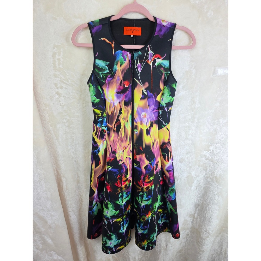 Clover Canyon Floral Flame Neoprene Front Zip Fit Flare Dress Multi Color Medium